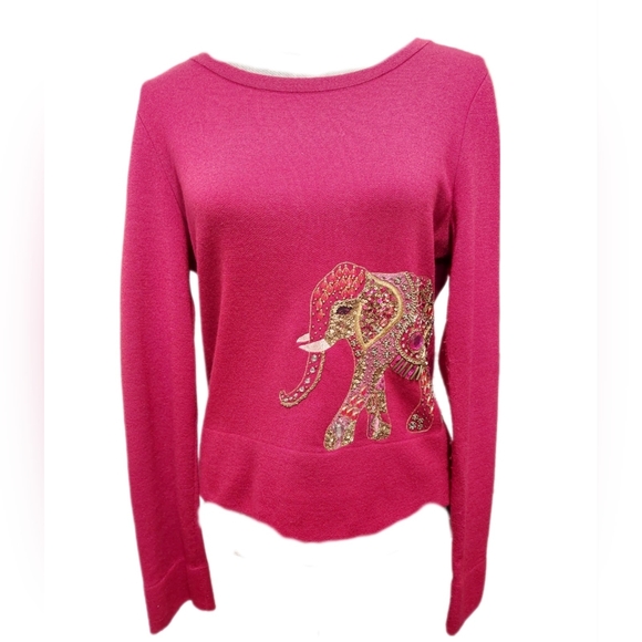 $2,000 OSCAR DE LA RENTA RED CASHMERE BEAD EMBROID ELEPHANT  RUNWAY SWEATER XS - Picture 1 of 7